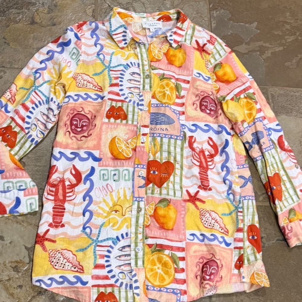 Calypso St Barth Linen Button Down Shirt Mediterranean Lobster Sun sardine M